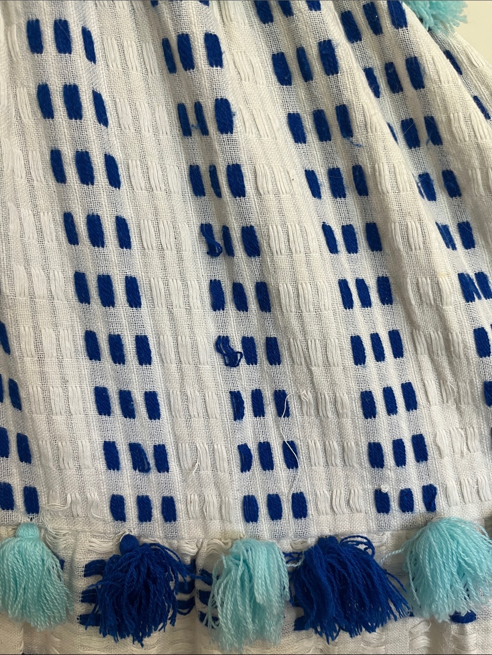 Women's White Maxi Dress with Blue Check and Pom-Pom Trim - Picture 2 of 11